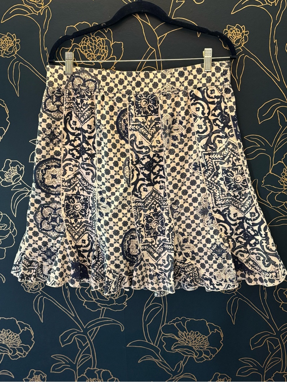 SAHALIE cotton patchwork PRINT skirt PULL ON blue white LARGE